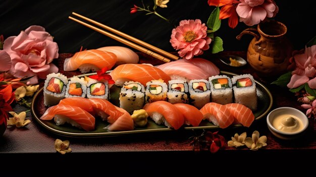 Photo a plate of sushi and sushi with flowers and leaves on it