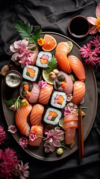 Photo a plate of sushi and sushi with flowers and leaves on it