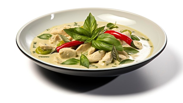 A photo of a plate of Thai green curry full length photo