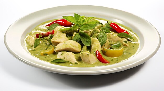 A photo of a plate of Thai green curry full length photo