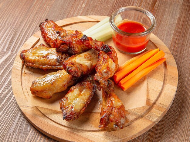 Photo plate with barbecue chicken wings, celery and carrot on at wooden tabletop