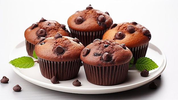 Photo of Plate with delicious black chocolate muffins with decorations