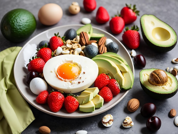 Фото тарелка с палео диетой еда вареные яйца вишня и клубника палео завтрак