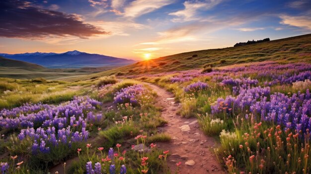 A photo of a plateau with wildflowers gentle breeze