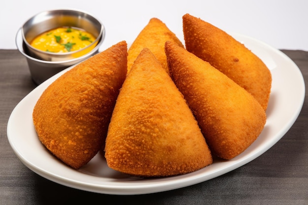 Photo of a platter of Brazilian coxinha with a crispy exterior on a clean white sheet