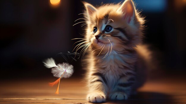A photo of a playful kitten with a feather toy