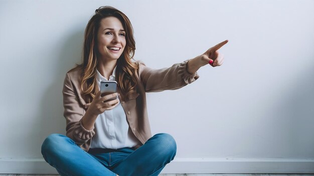 Photo photo of pleased woman with long brown hair sitting with legs crossed on the floor using silver sma