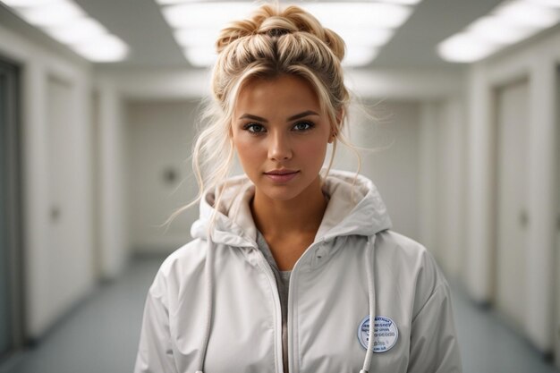 photo pleased young female doctor wearing medical robe and stethoscope around neck standing with cl