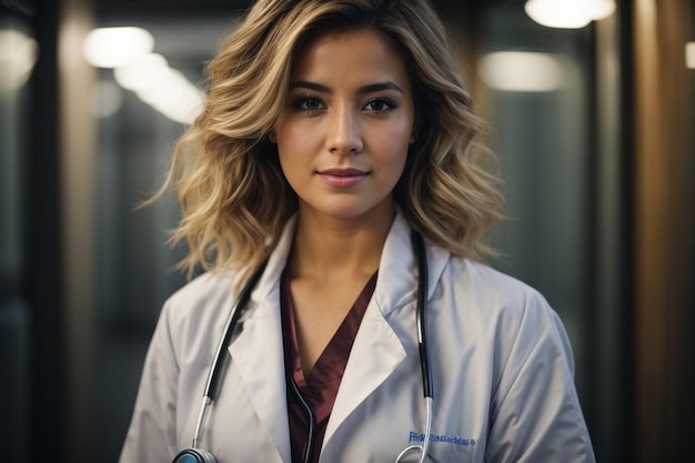 Photo pleased young female doctor wearing medical robe and stethoscope around neck standing