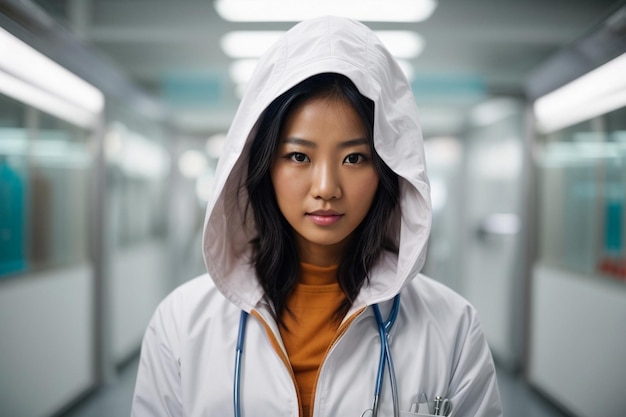 Photo pleased young female doctor wearing medical robe and stethoscope around neck standing