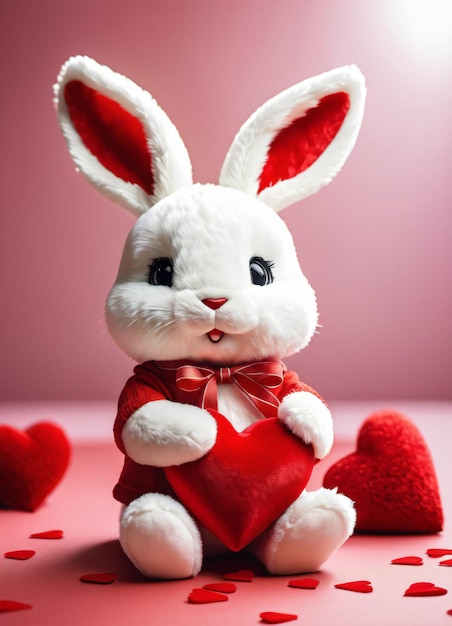 Photo of the plush rabbit hugging heart happy Valentine day