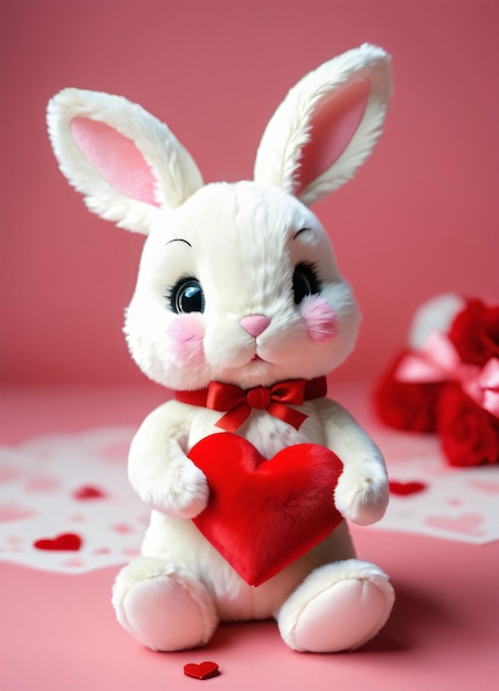 Фото плюшевого кролика, обнимающего сердце Счастливого дня святого Валентина