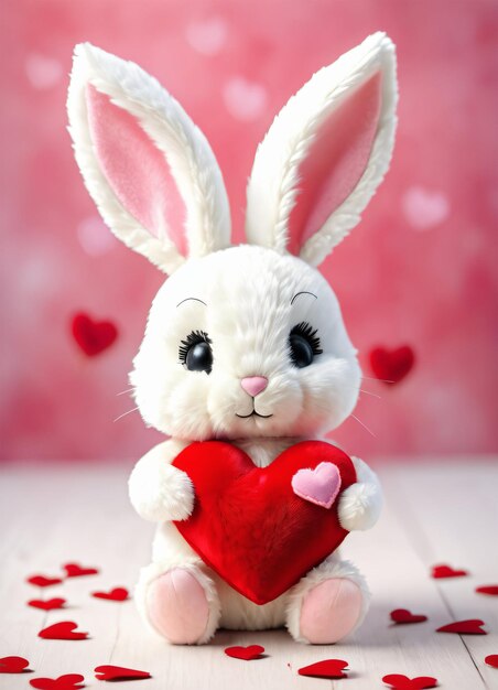 Photo photo of the plush rabbit hugging heart happy valentine day