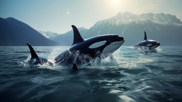 A photo of a pod of orcas hunting