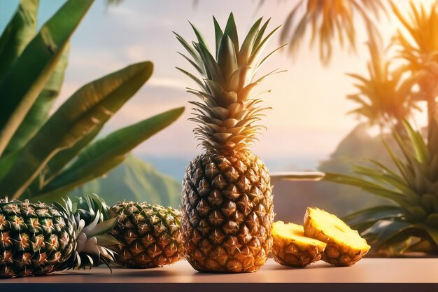 Photo podium mockup background Pineapple in blurry background for presentation of cosmetic 3d rende