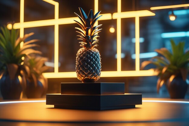Photo podium mockup background pineapple in blurry background for presentation of cosmetic 3d rende