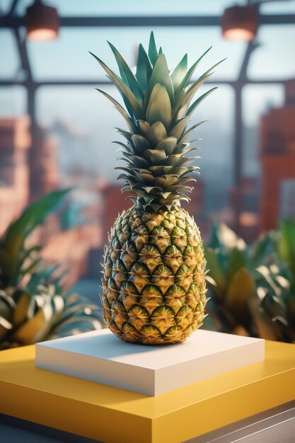 Photo podium mockup background pineapple in blurry background for presentation of cosmetic 3d rende