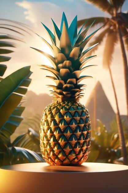 Photo podium mockup background Pineapple in blurry background for presentation of cosmetic 3d rende