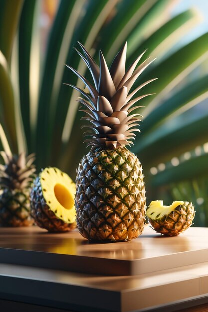 Photo podium mockup background Pineapple in blurry background for presentation of cosmetic 3d rende