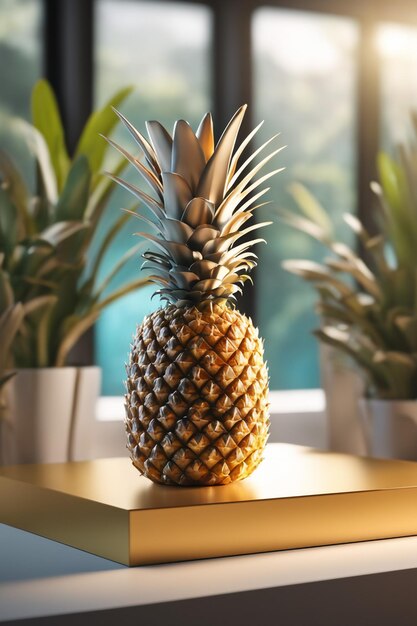 Photo podium mockup background Pineapple in blurry background for presentation of cosmetic 3d rende