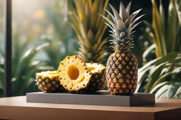 Фото Фон макета подиума для фото ананас на размытом фоне для презентации косметического 3d-ренде