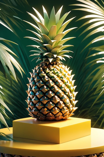 Фото Фон макета подиума для фото ананас на размытом фоне для презентации косметического 3d-ренде