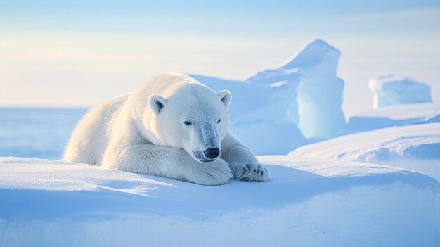 A photo of a polar bear resting on ice snowy landscape in the background