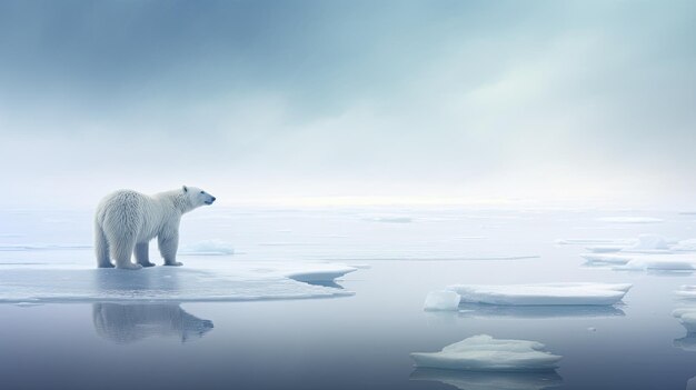 Фото полярного медведя, стоящего на льду, огромное замороженное море на заднем плане