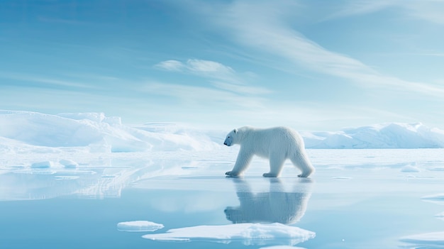 Фото полярного медведя, идущего по льду, чистого голубого неба