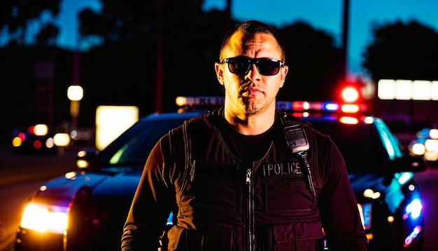 photo of police officer law enforcement standing with sunglasses at night with light in background generative AI