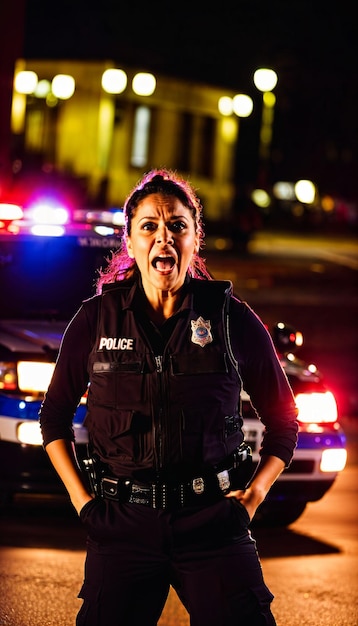 Фото полицейского правоохранительного органа, стоящего на месте преступления с гневным чувством ночью.