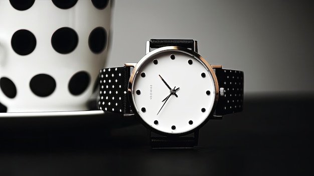 A photo of a polka dot wristwatch minimalist desk backdrop