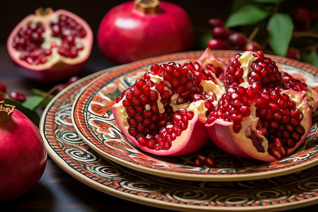 Foto foto di metà di melograno su un piatto di frutta fresca