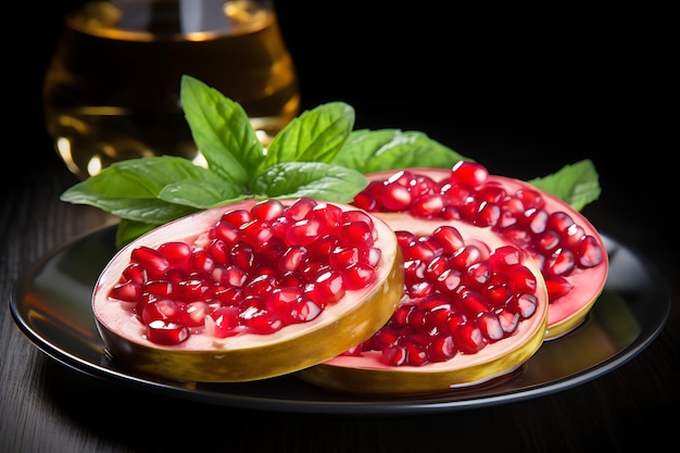 Photo of Pomegranate Halves on a Summer Salad Pomegranate