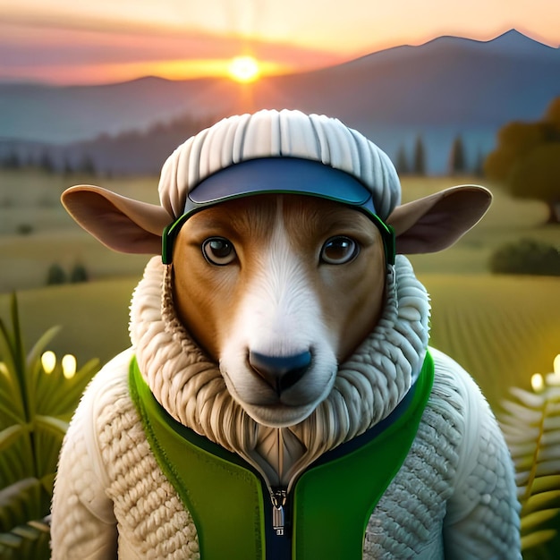 Photo portrait of 3d cartoon sheep wearing clothes glasses hat and jacket standing in front