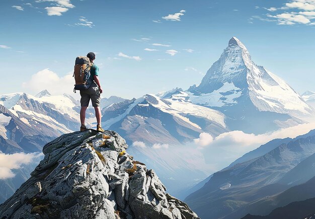 Photo portrait of a alone man tourist backpacker traveller stands on a mountain