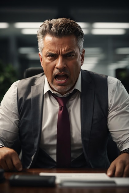 Foto ritratto fotografico di un uomo d'affari arrabbiato in giacca e cravatta gridando
