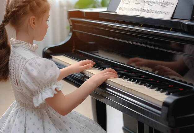 Photo portrait of artist female man bride kid playing piano