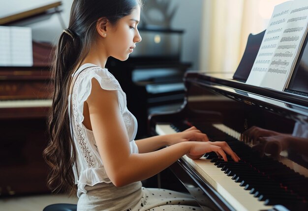 Photo portrait of artist female man bride kid playing piano