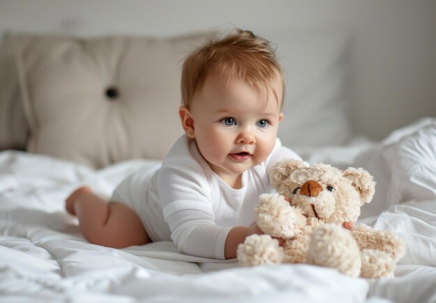 Photo portrait of a baby playing with a wooden toys in playroom kindergarten