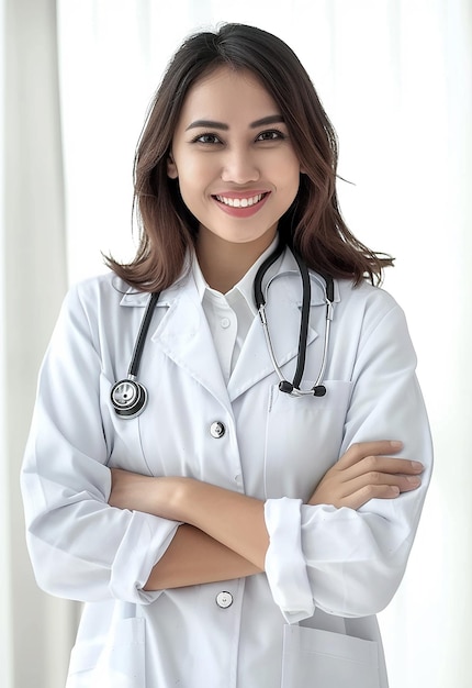 Photo portrait of beautiful young female doctor looking at camera