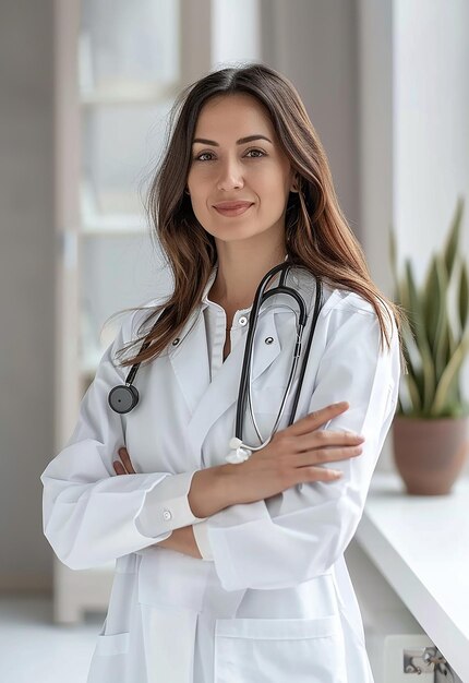 Photo portrait of beautiful young female doctor looking at camera