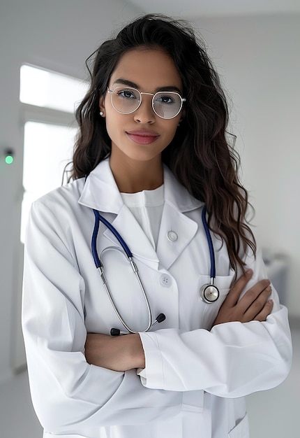 Photo portrait of beautiful young female doctor looking at camera