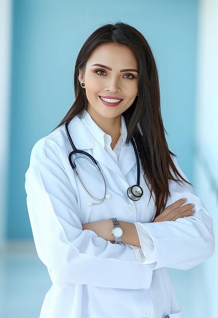 Photo portrait of beautiful young female doctor looking at camera