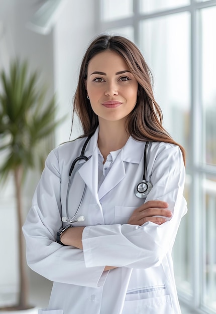 Photo portrait of beautiful young female doctor looking at camera