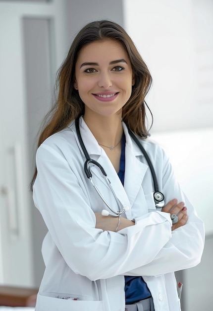 Photo portrait of beautiful young female doctor looking at camera