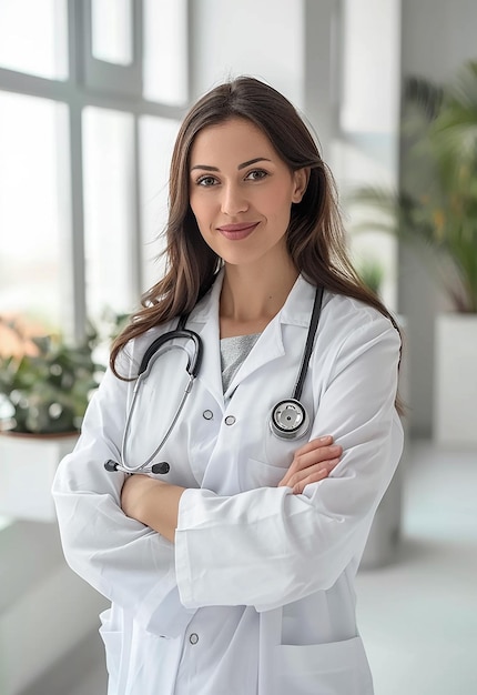 Photo portrait of beautiful young female doctor looking at camera