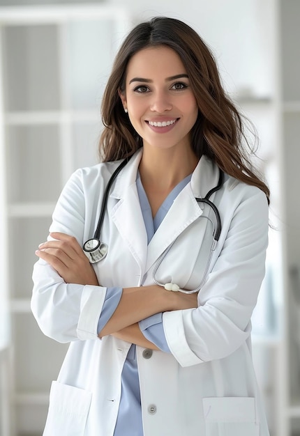 Photo portrait of beautiful young female doctor looking at camera