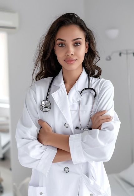 Photo portrait of beautiful young female doctor looking at camera