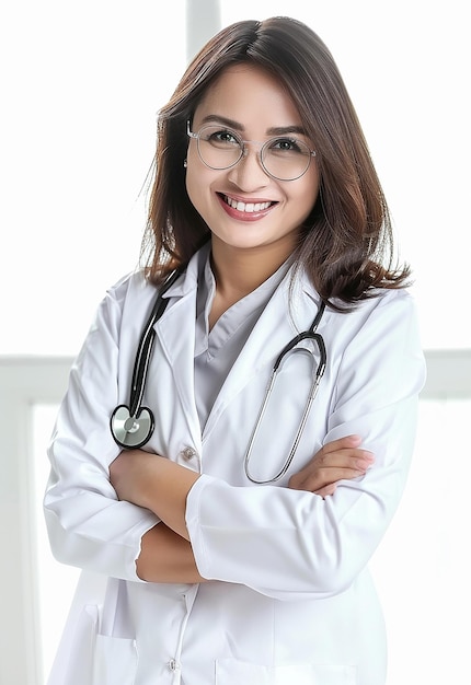 Photo portrait of beautiful young female doctor looking at camera